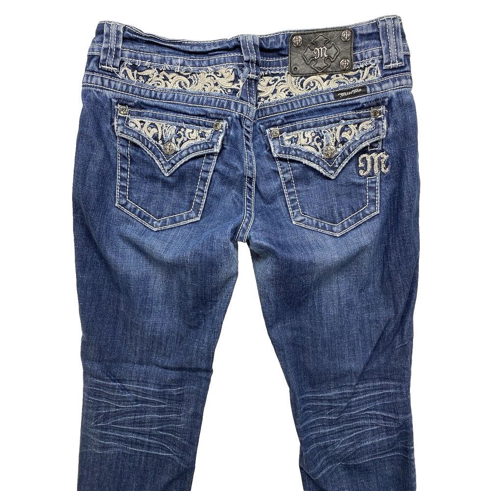 Miss Me Jeans Womens Sz 29 straight medium Denim Embellished flap Pocket-hemmed